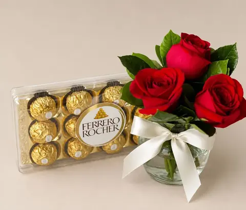 Arranjo de 3 rosas no vidro com Ferrero Rocher