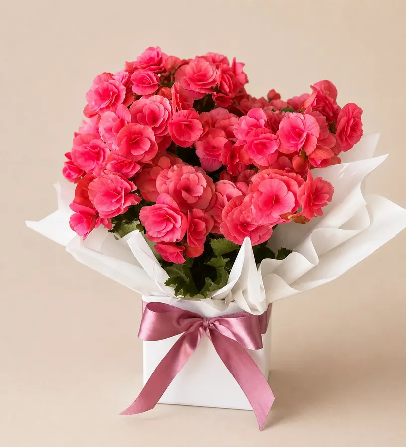 Vaso de begônia rosa no cachepô branco com laço rosa