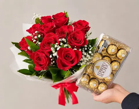 Buquê de 12 rosas vermelhas com caixa de Ferrero Rocher