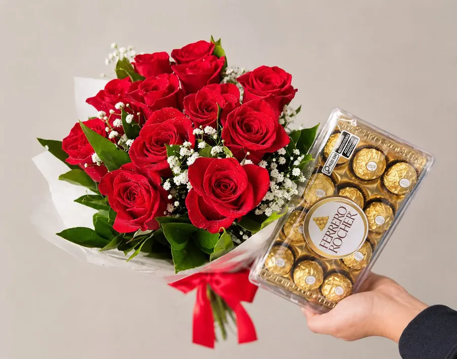 Buquê de 12 rosas vermelhas com caixa de Ferrero Rocher