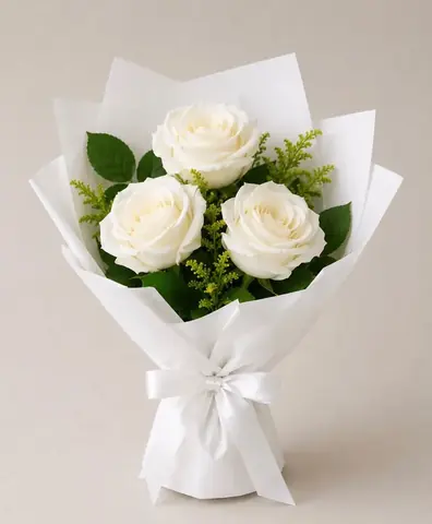 Buquê de 3 rosas brancas colombianas em embalagem especial