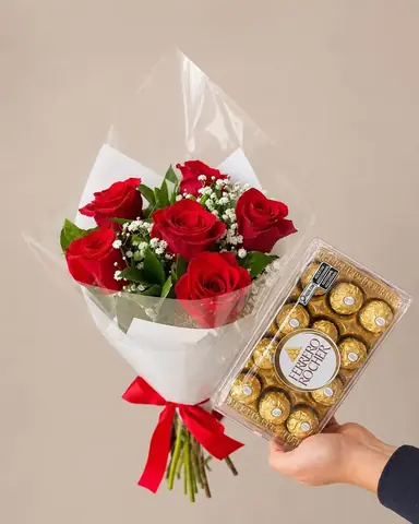 Buquê de 6 rosas vermelhas com caixa Ferrero Rocher